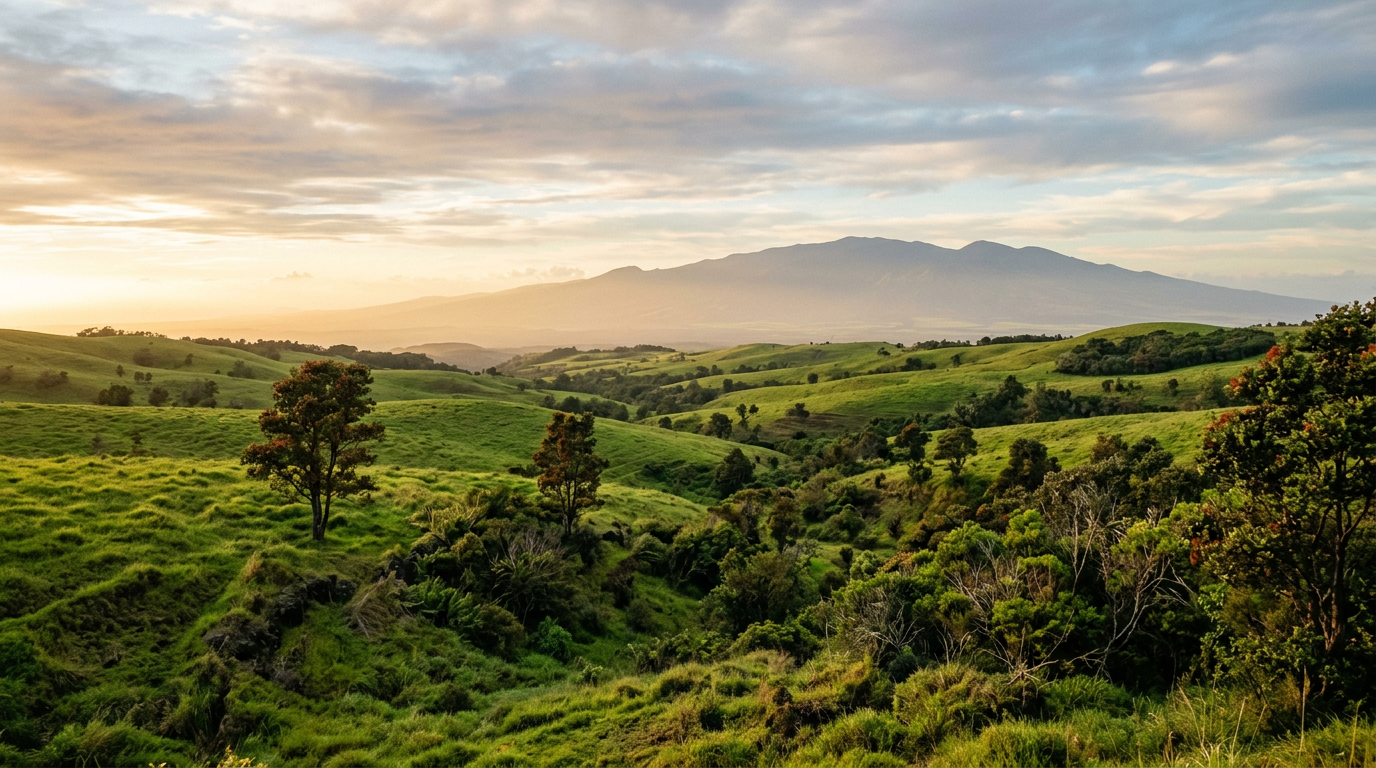 Generated image of rolling green ranch country on the Big Island at golden hour